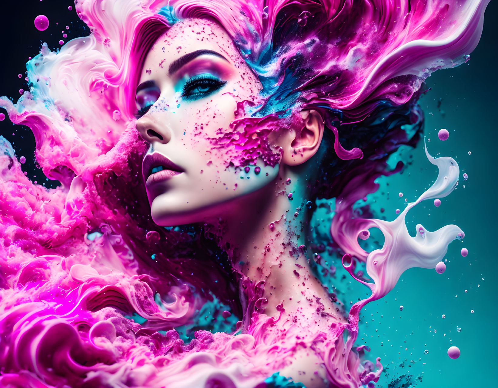 Colorful portrait of woman in swirling pink and white paint with dynamic splashes.