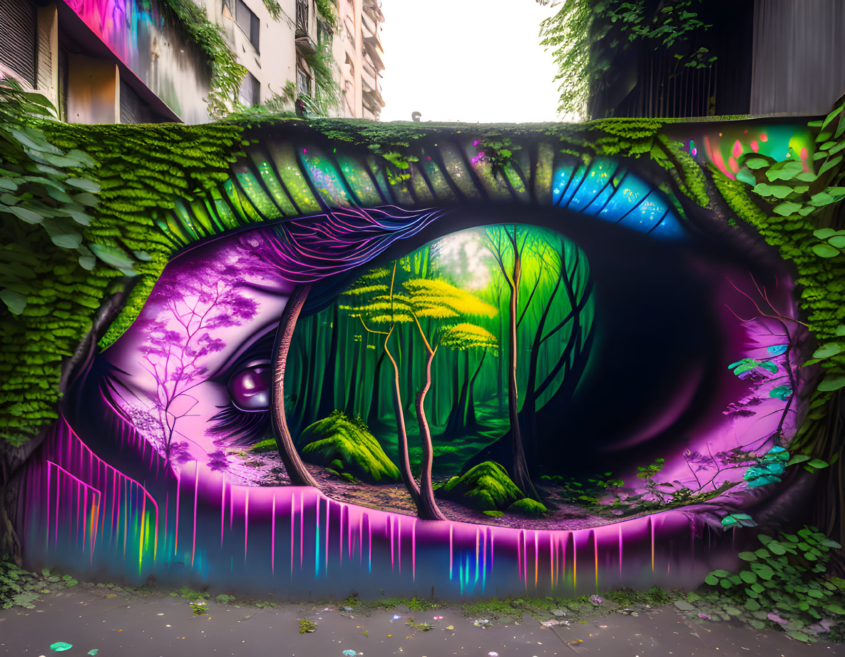 Large Eye Mural Reflecting Forest in Urban Setting