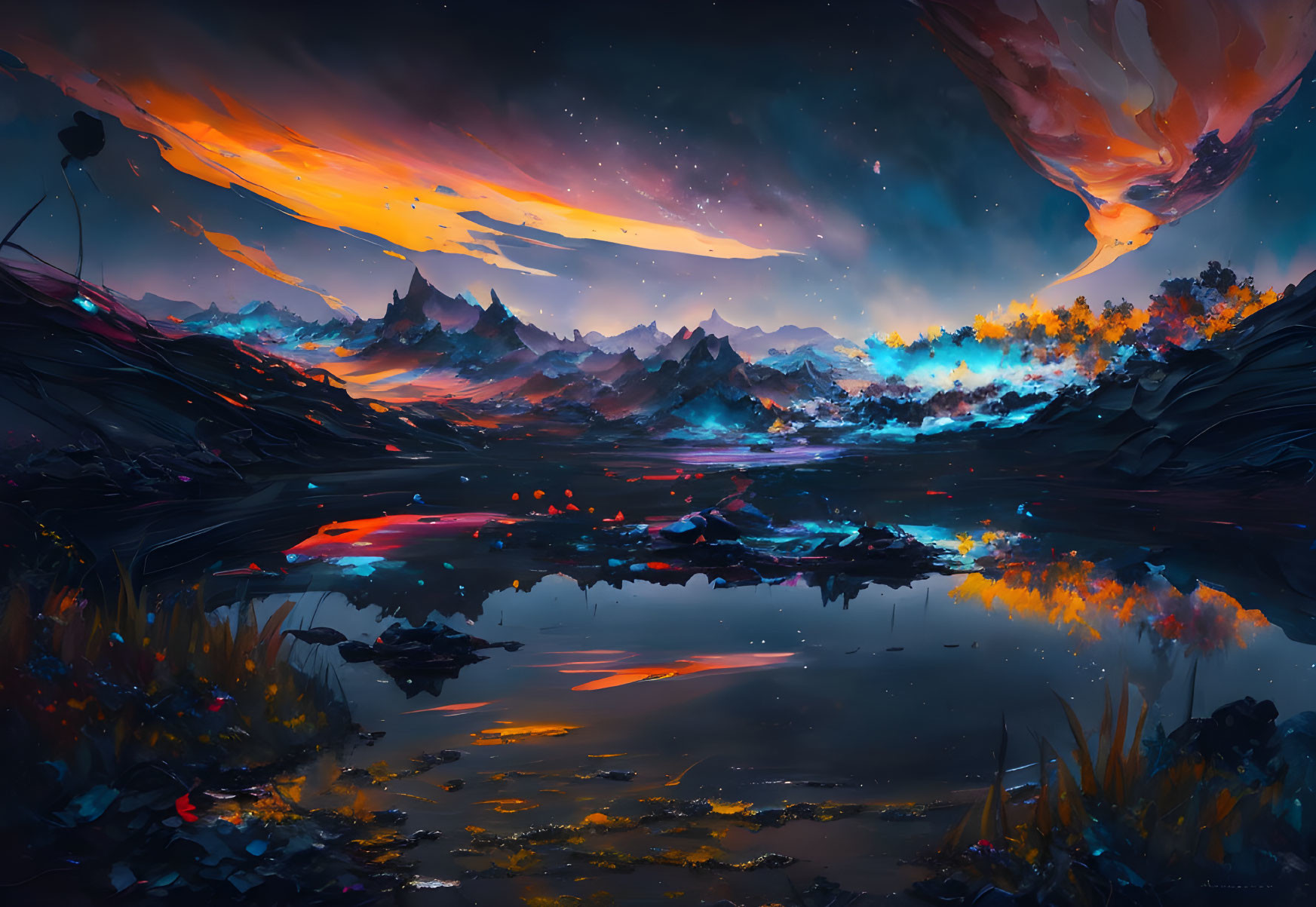 Colorful Fantasy Landscape with Reflective Lake, Mountains, Alien Flora, and Starry Sky