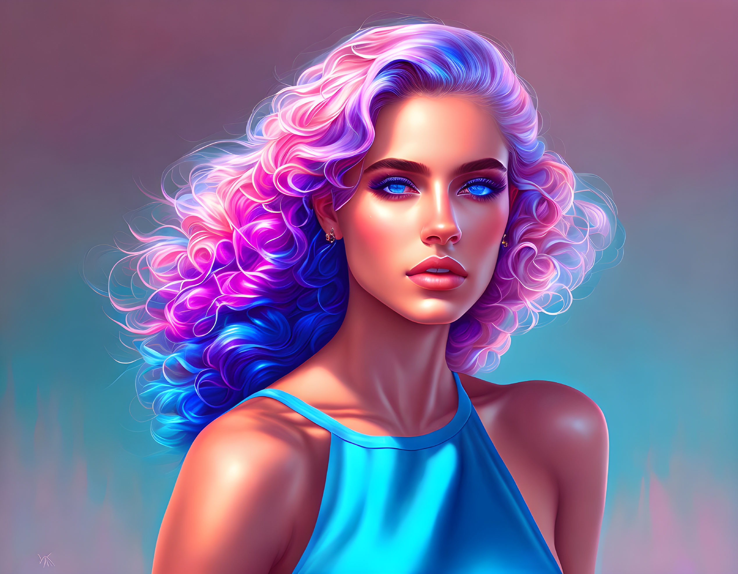 Digital portrait of woman with luminous purple and blue hair and striking blue eyes.