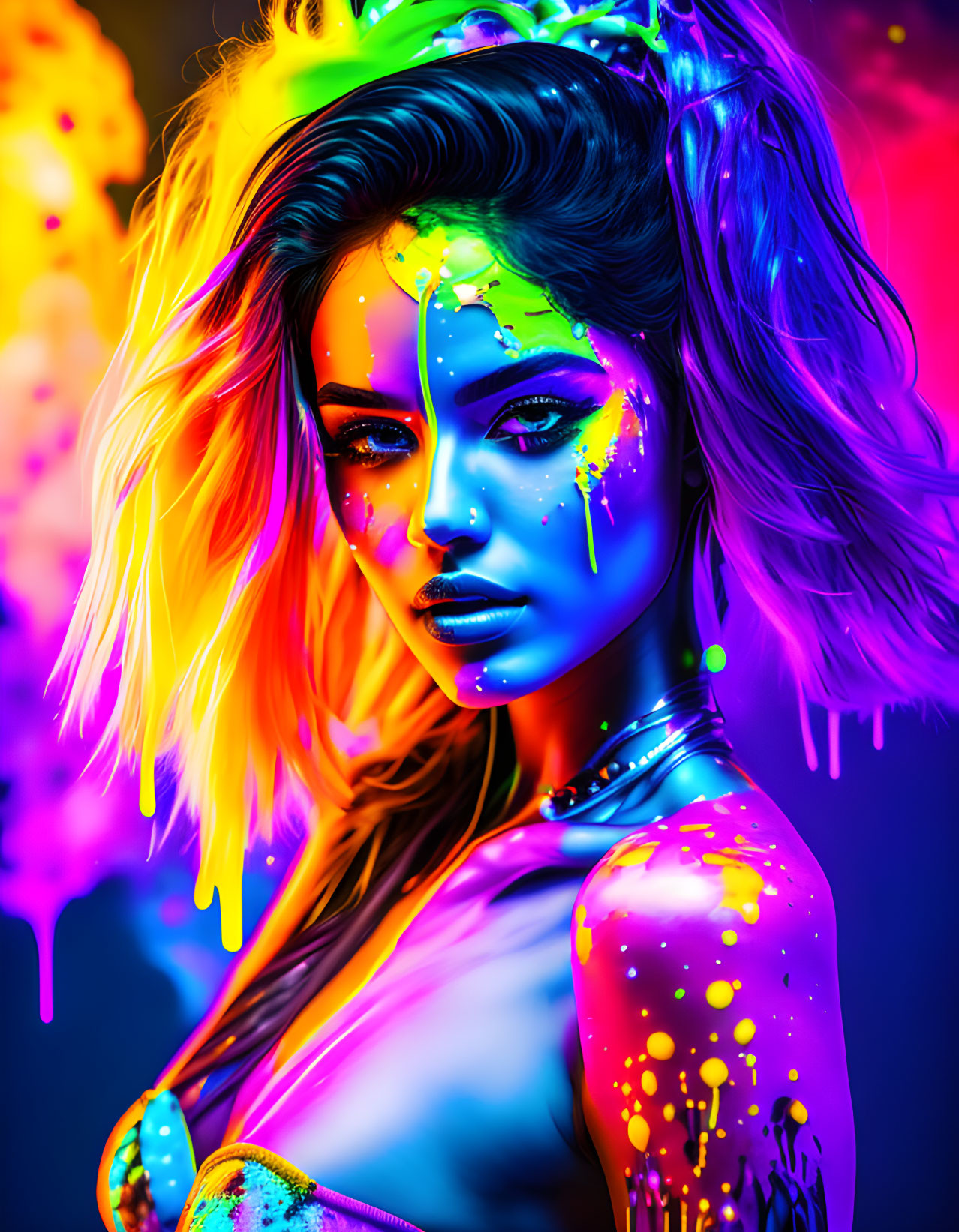 Colorful UV neon paint splattered portrait of a woman.