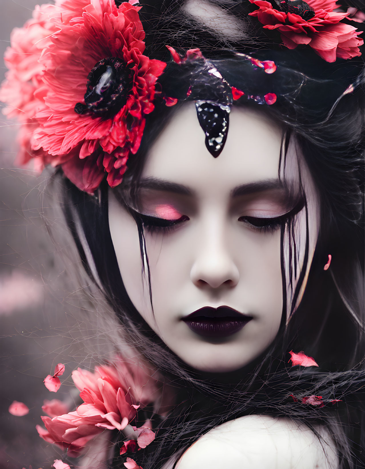 Dark makeup woman with red flowers in hair, eyes closed, surrounded by falling petals.