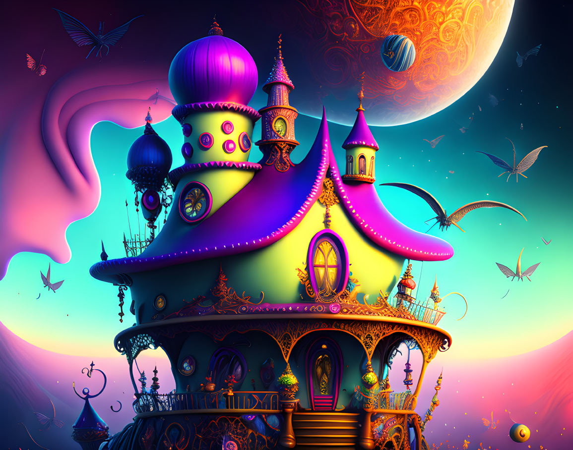 Whimsical colorful house with turrets and balconies on a fantastical background