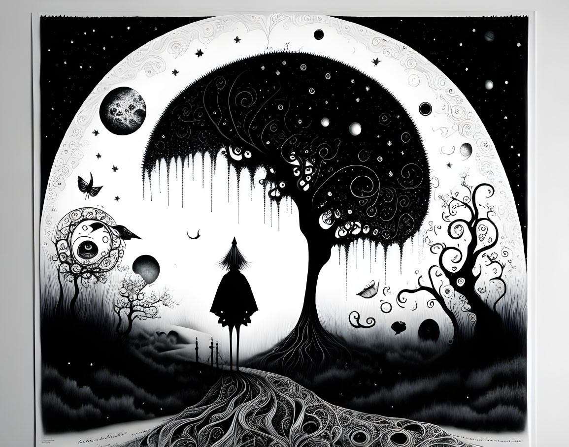 Monochromatic fantasy art: person under celestial tree with swirling patterns, planets, sun-moon face