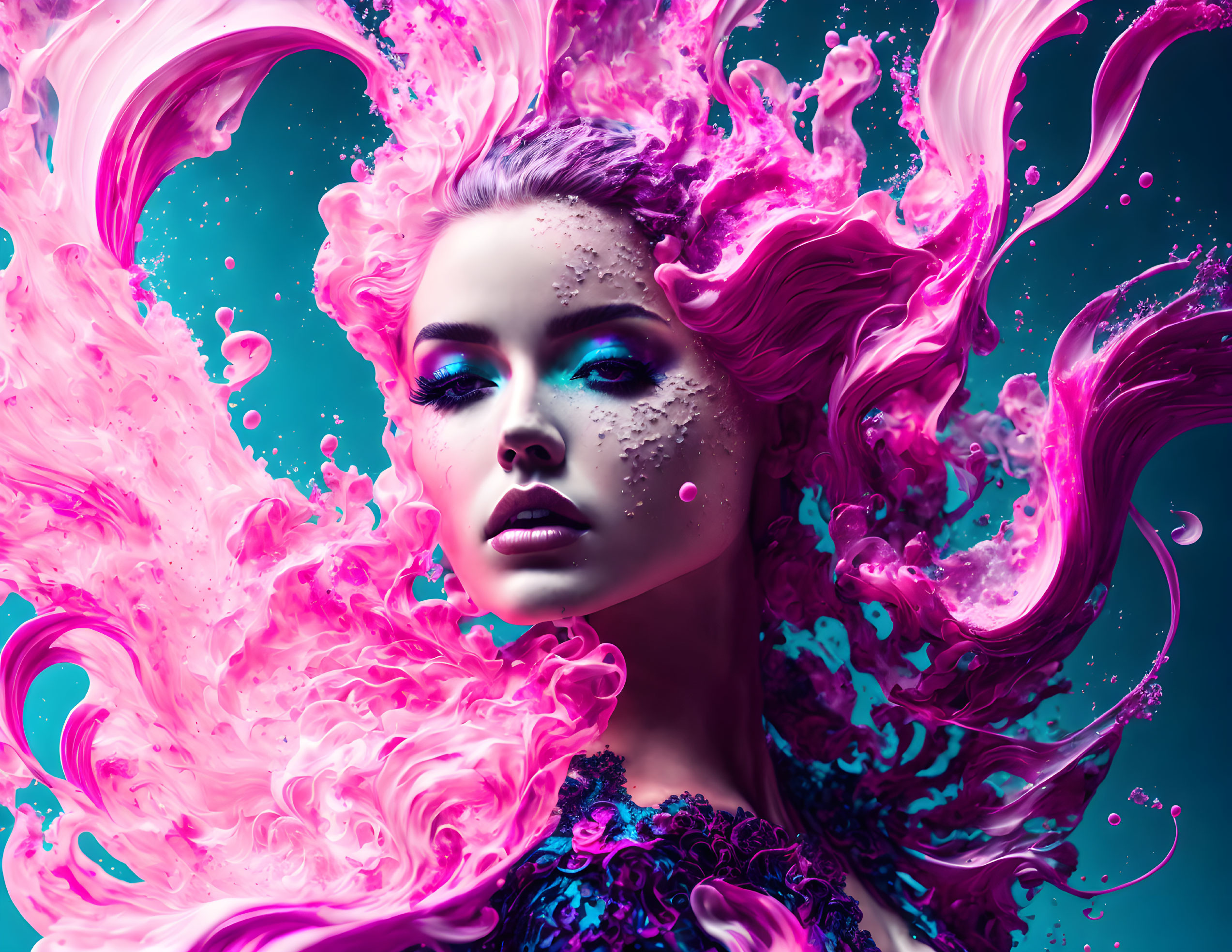 Woman with flowing hair in vibrant pink and blue underwater swirls