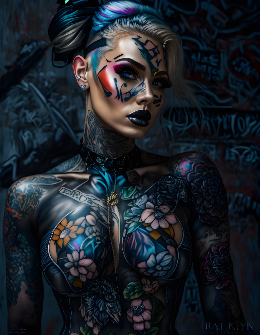 Woman with vibrant tattoos and piercings in bold makeup against graffiti backdrop