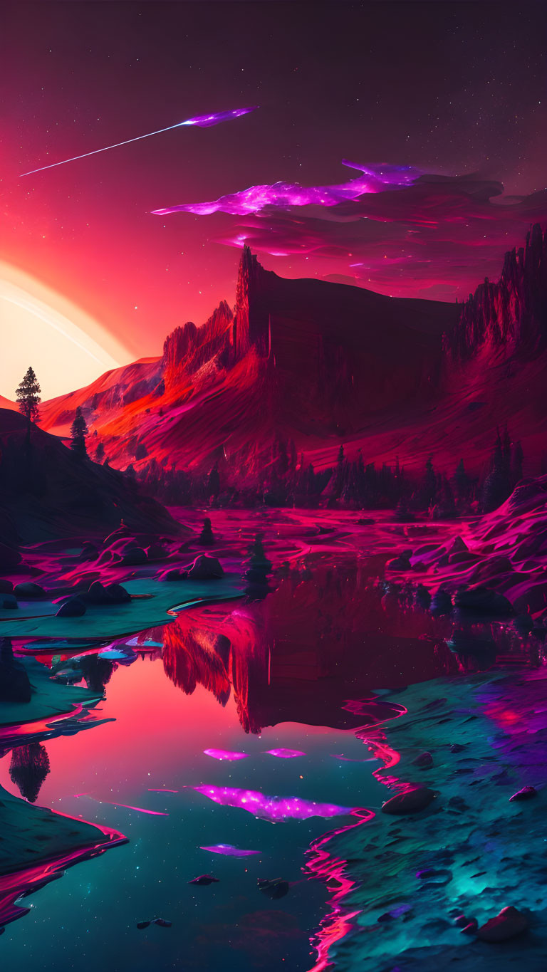 Surreal landscape with neon pink and blue hues and shooting star