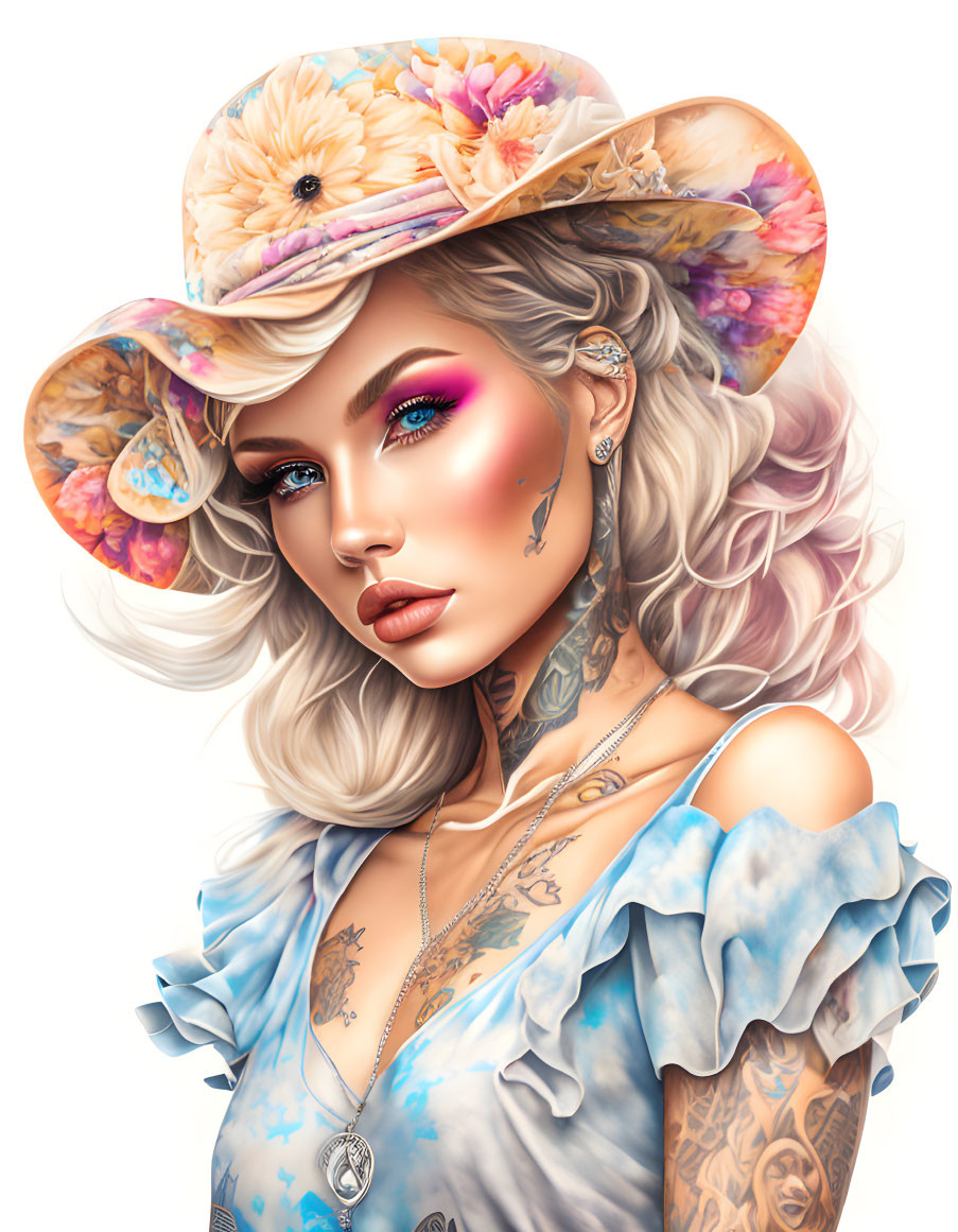 Digital Artwork: Woman with Tattoos, Floral Hat, Blue Top, Blond Hair & Striking