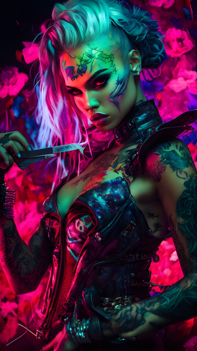 Vibrant tattooed woman with neon hair holding a blade in fantasy setting