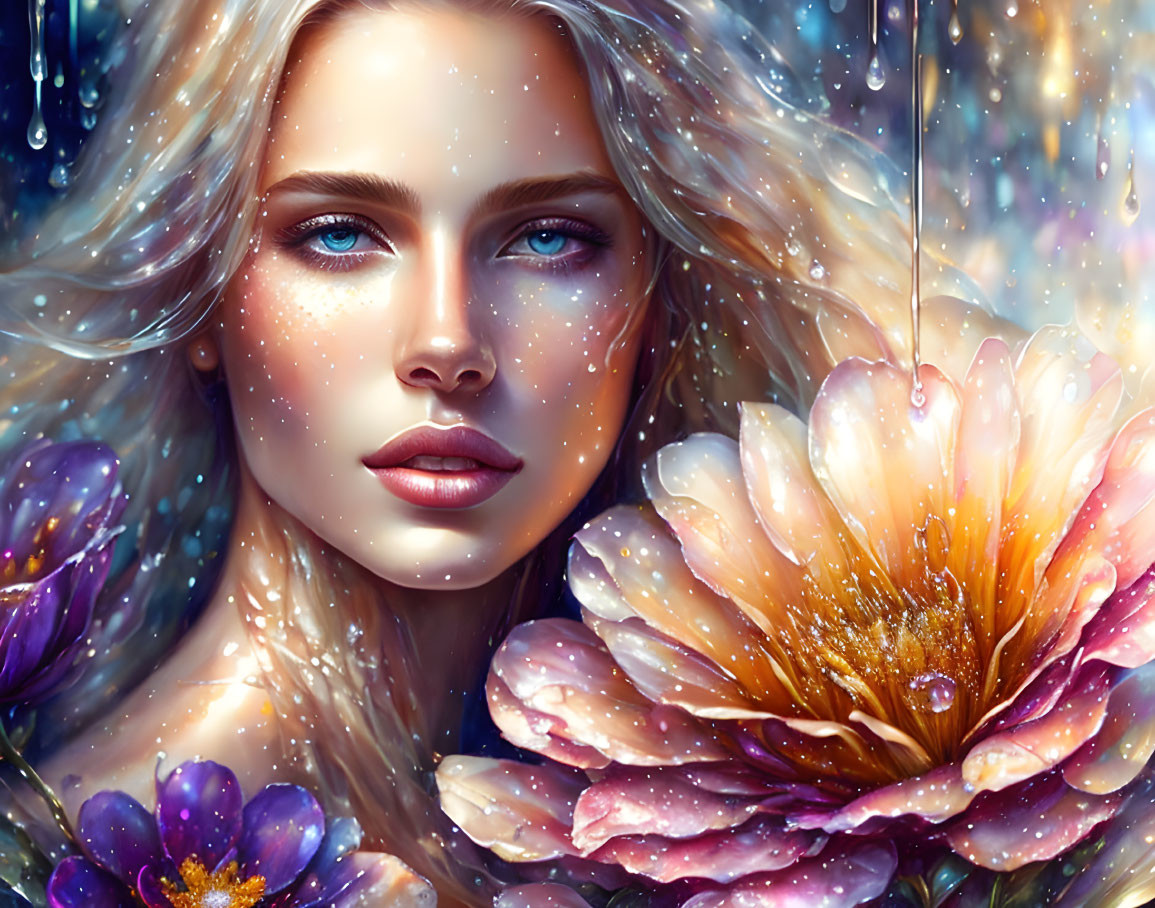 Woman with Blue Eyes and Floral Droplets in Starry Background