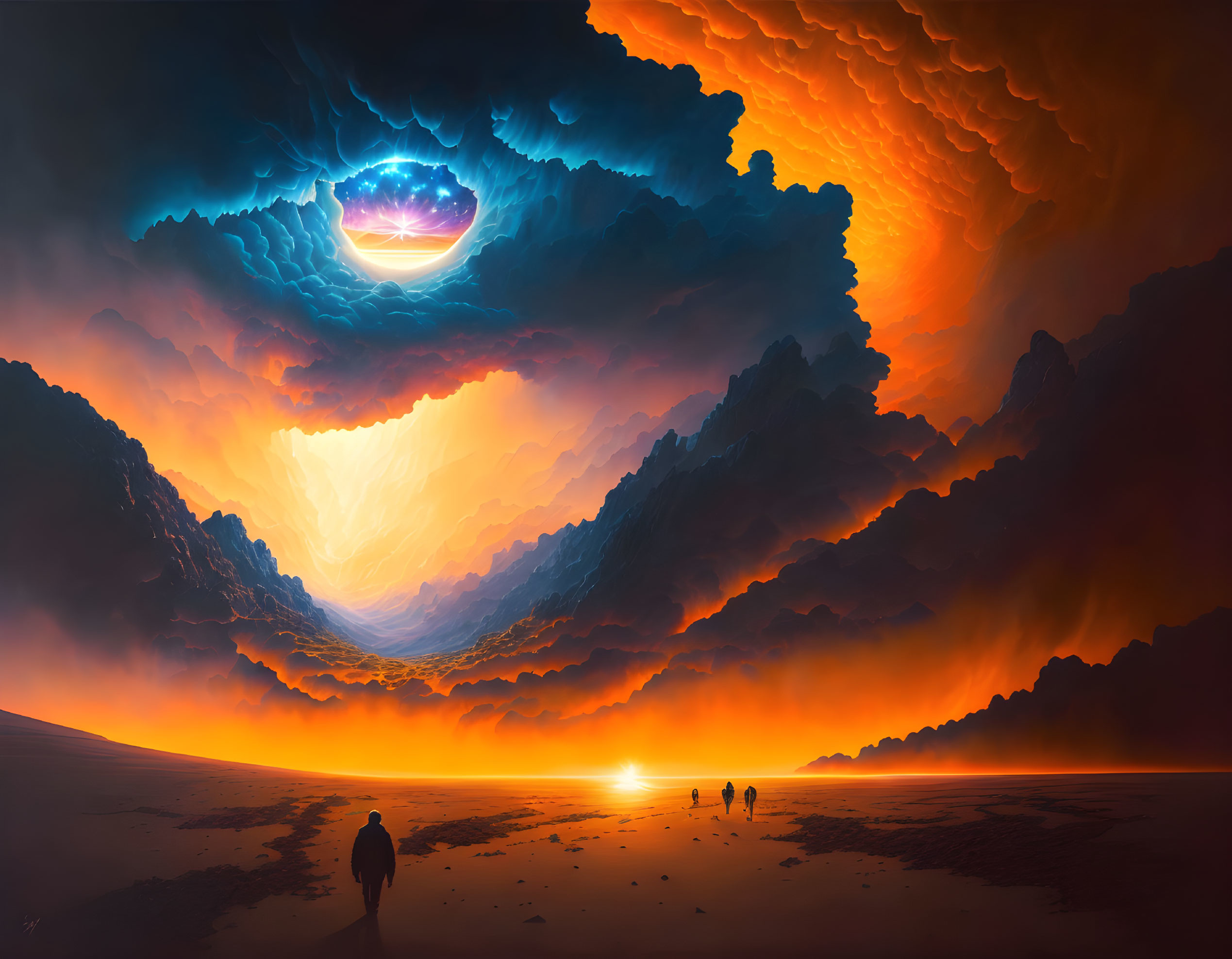 Sci-fi landscape with figures walking towards luminous orb under fiery sky