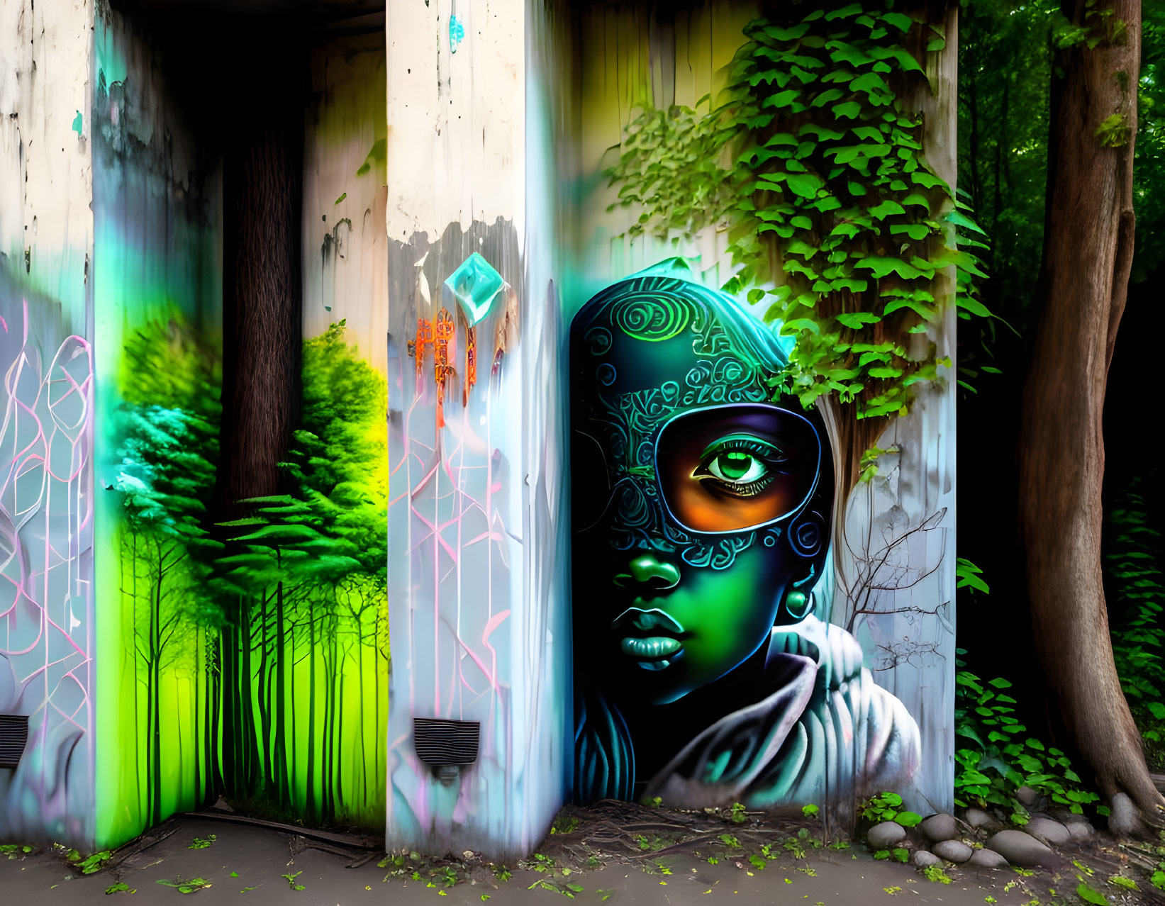 Colorful graffiti of a woman's face amidst lush greenery