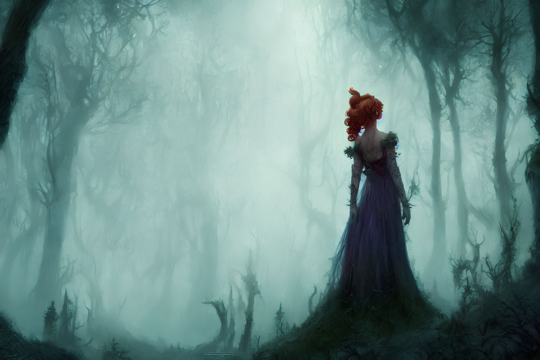 Red-haired woman in purple dress in misty forest with twisted trees