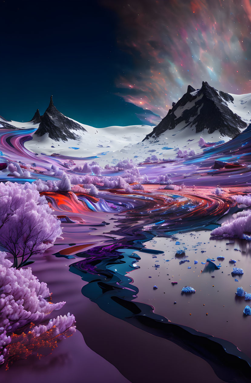 Surreal landscape with vibrant rivers, purple flora, snow-capped peaks