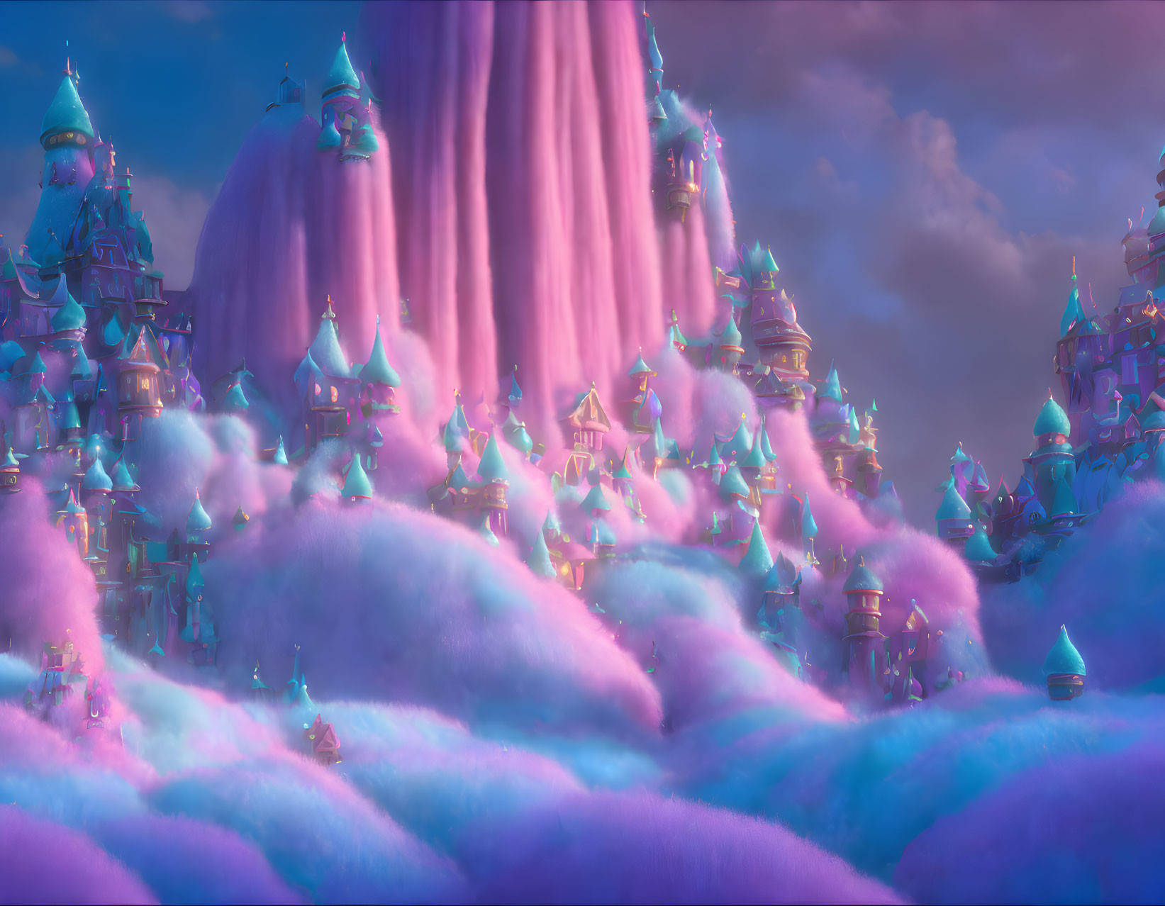 Whimsical pink and purple landscape with fantastical towers