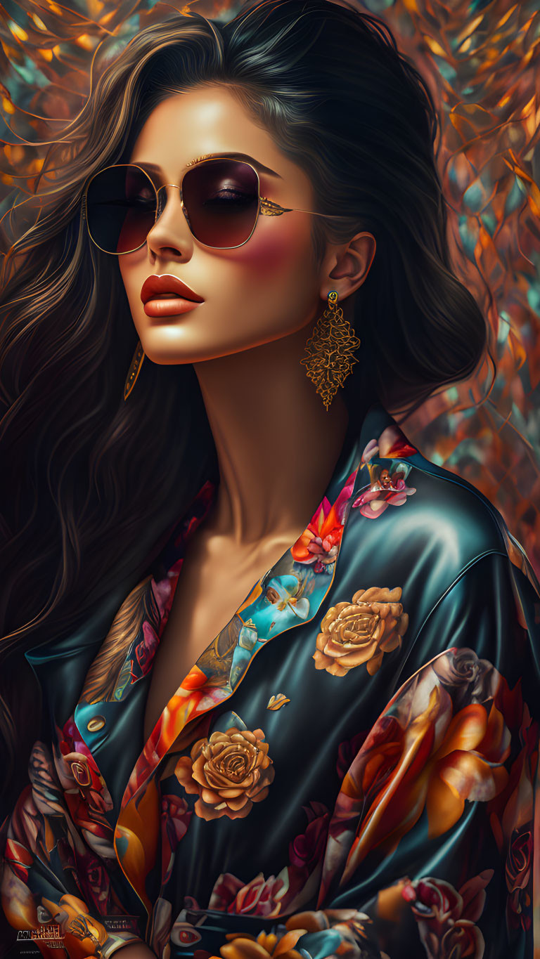 Digital portrait of a woman in sunglasses with flowing hair and floral attire