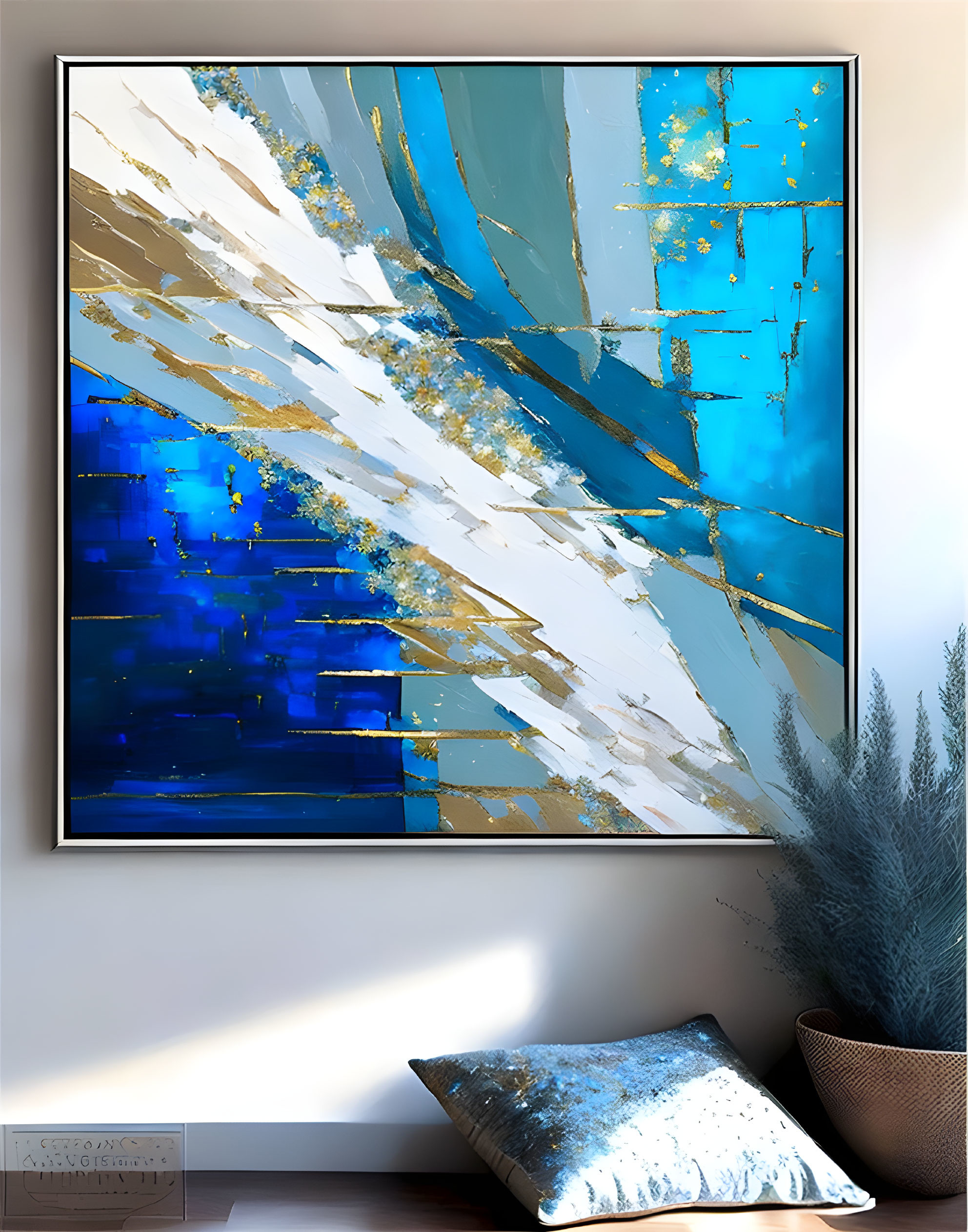 Blue and gold abstract wall art with glitter accents above white sofa