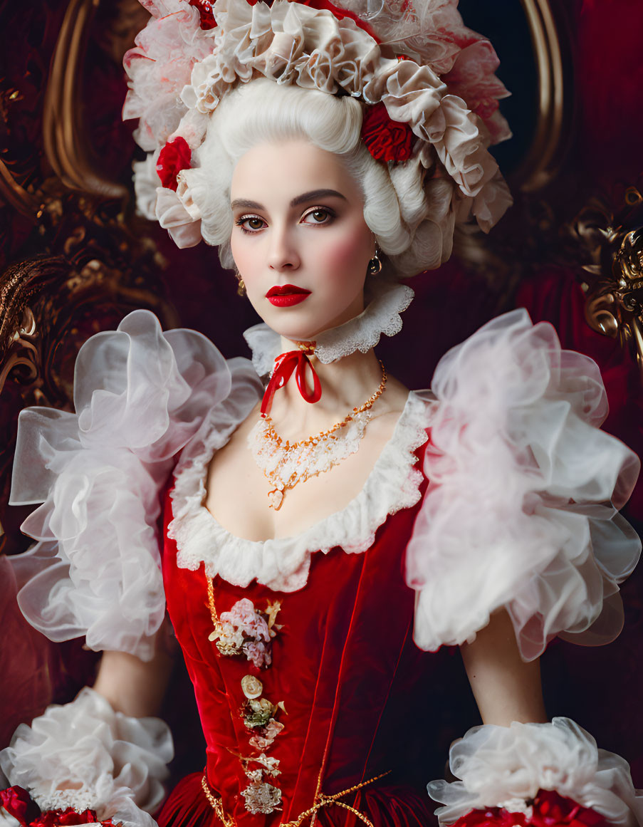 Elegant woman in red and white baroque attire with voluminous sleeves and rose-adorned wig