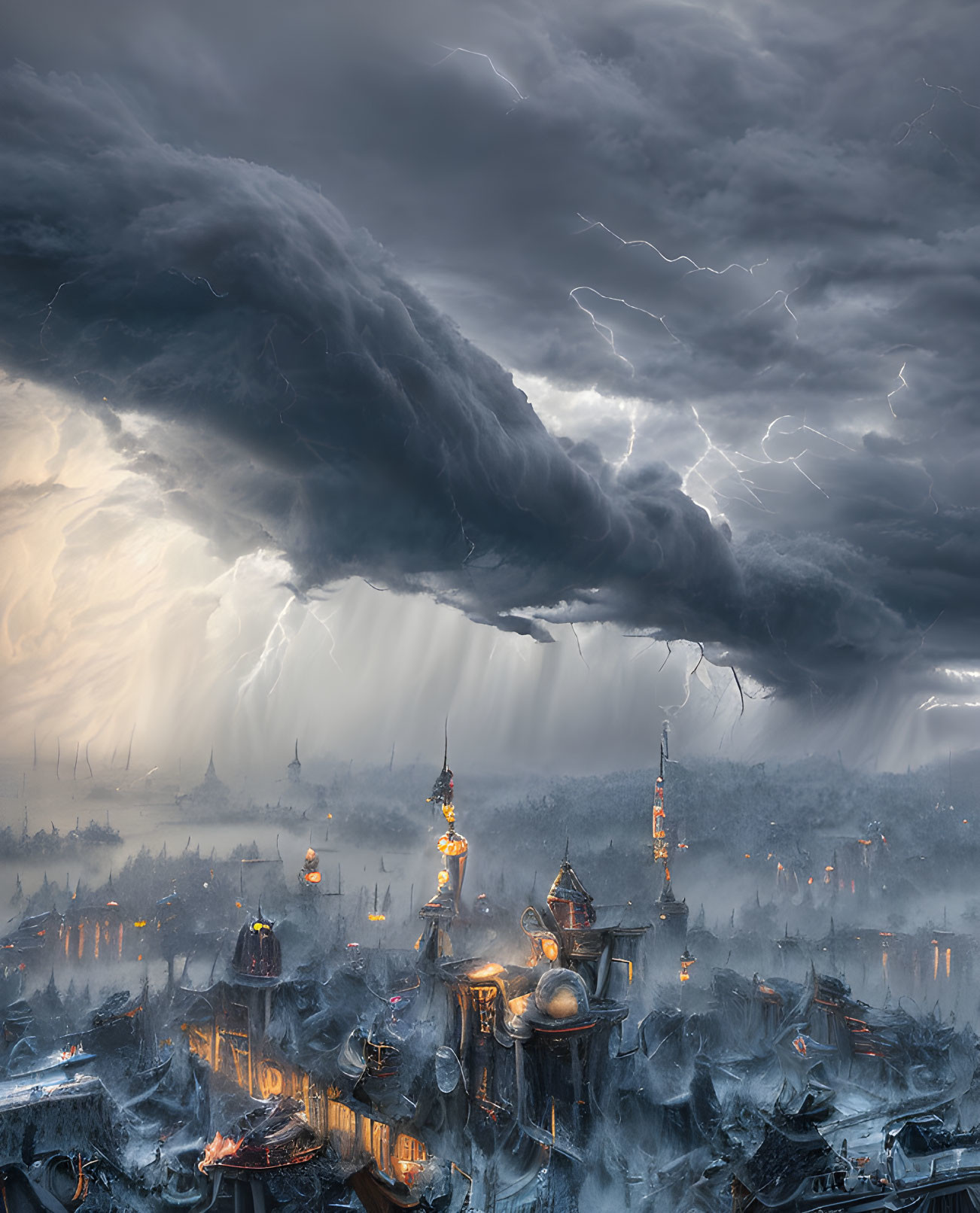 Fantasy cityscape under menacing storm cloud with lightning bolts