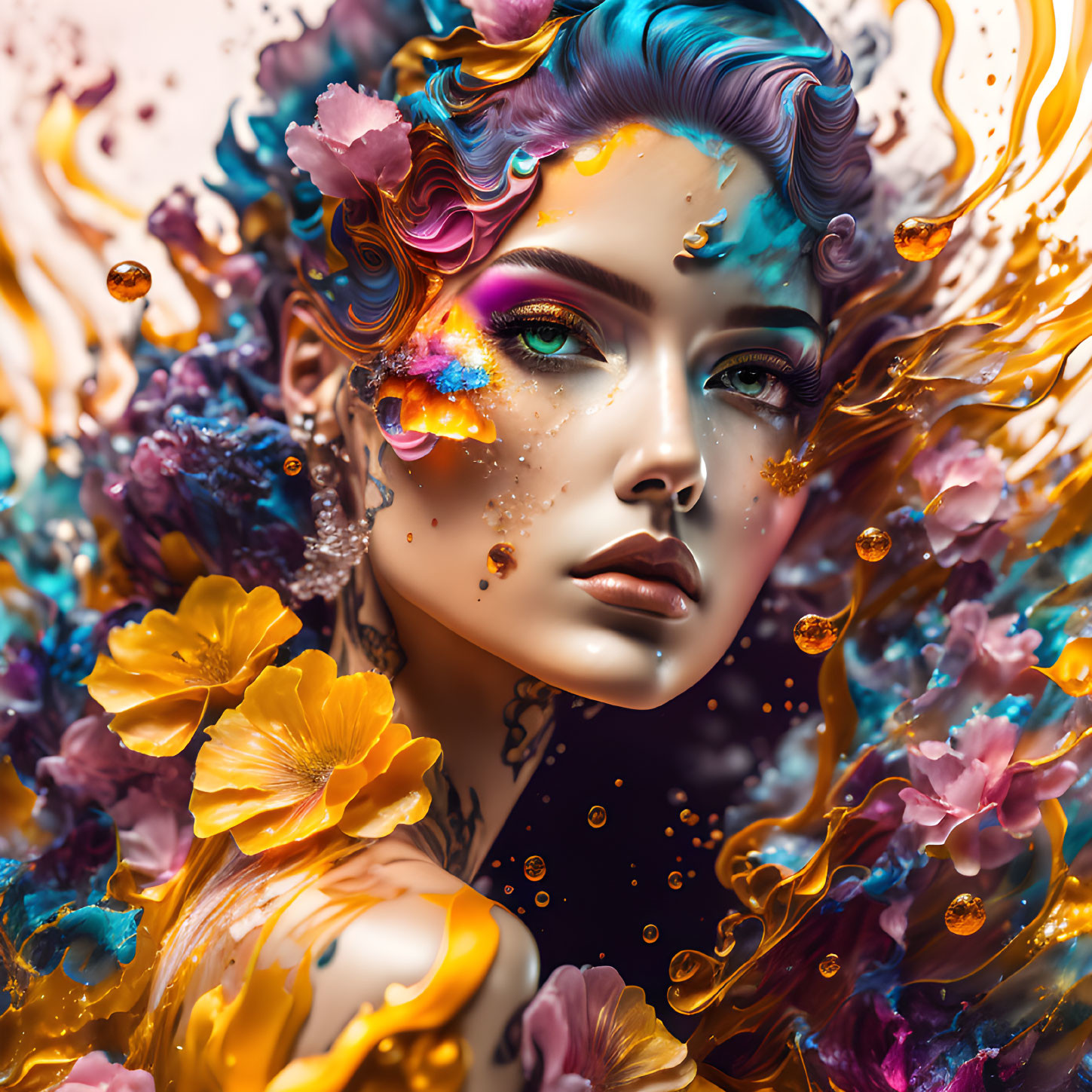 Colorful digital portrait with rainbow hair, vivid makeup, and floral burst.