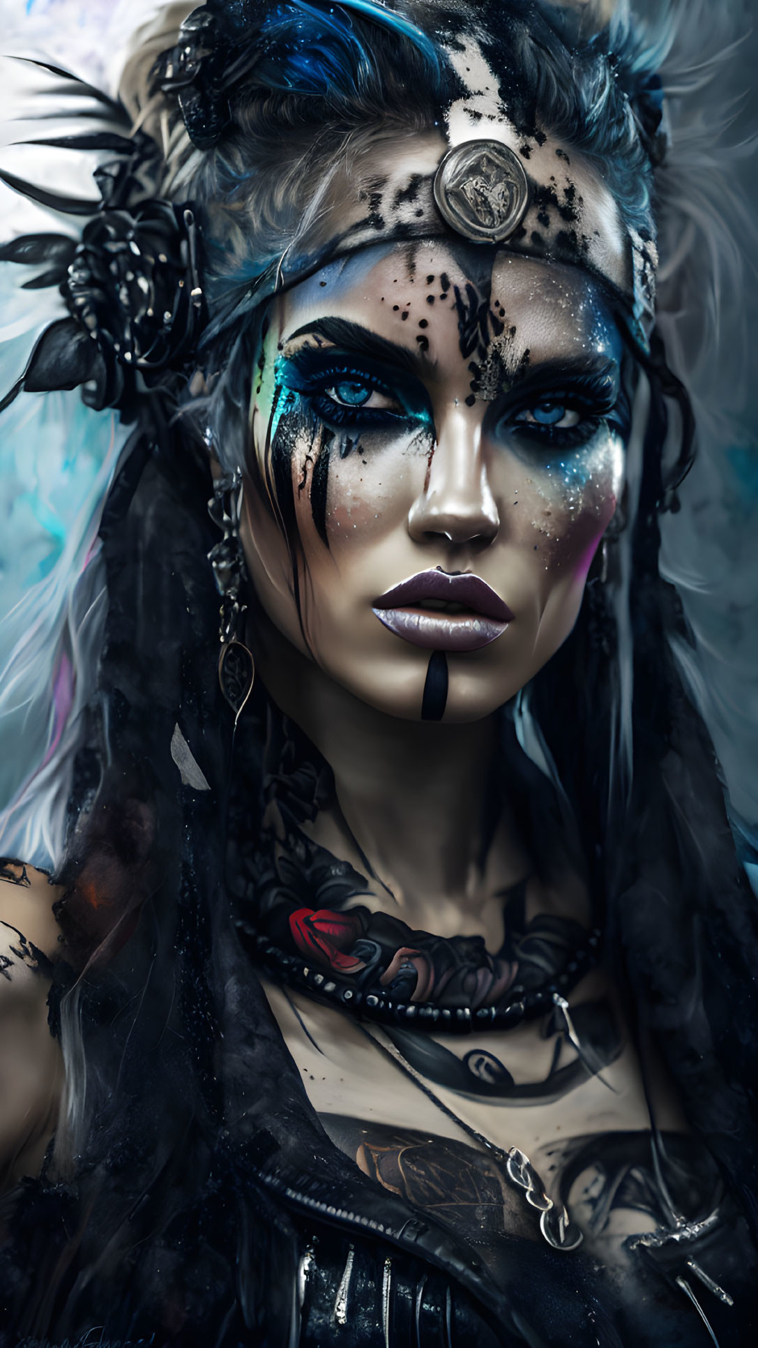 Mystical warrior woman with blue eyes, tribal makeup, headdress, ornaments, and tattoos