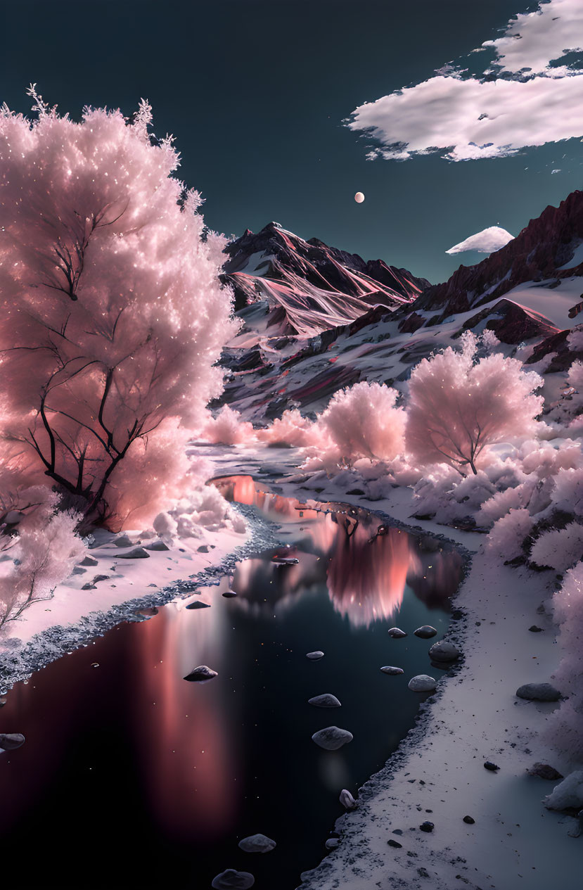 Surreal pink snowy landscape with moonlit mountains