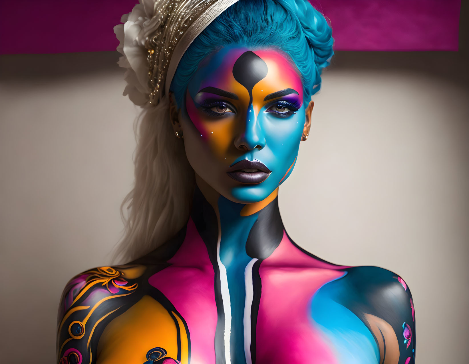 Colorful Body Paint and Headpiece in Blue, Pink, and Yellow