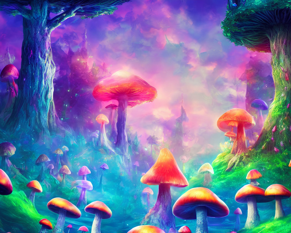 Fantasy forest with oversized colorful mushrooms under purple and pink sky