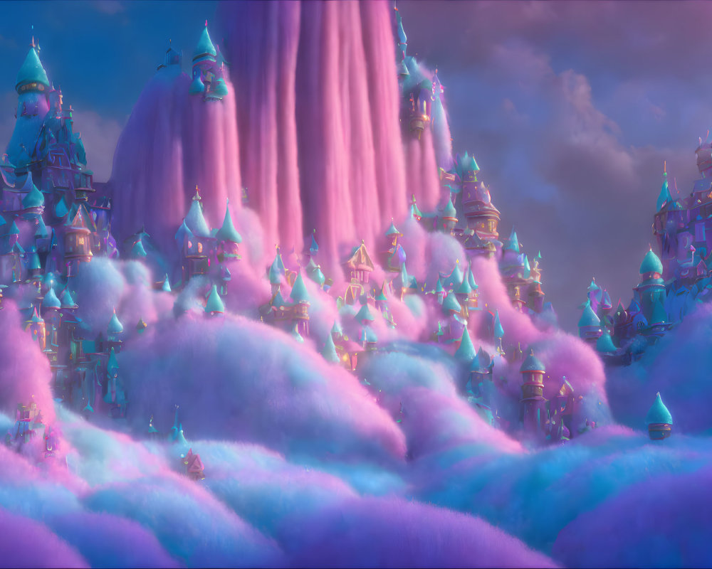 Whimsical pink and purple landscape with fantastical towers