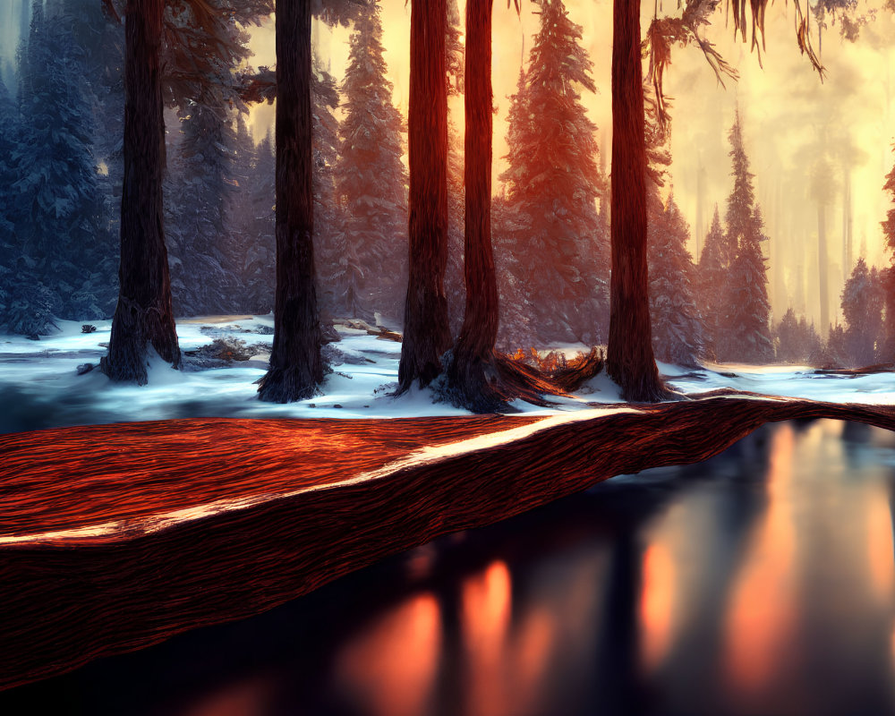 Snow-covered wintry forest with river at sunset