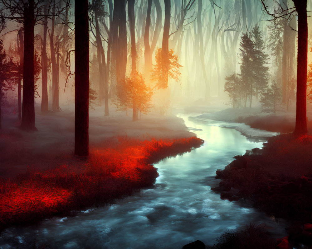 Mystical forest scene with blue stream and red foliage