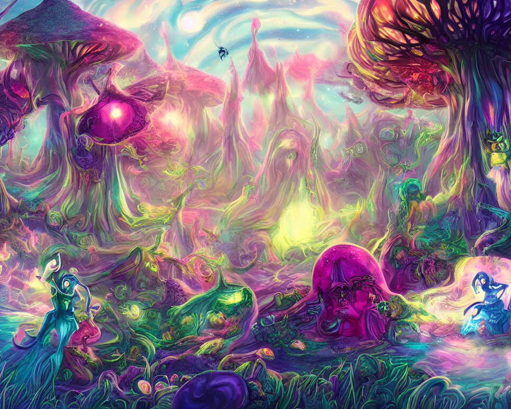 Colorful Psychedelic Landscape with Oversized Mushrooms and Fantastical Creatures