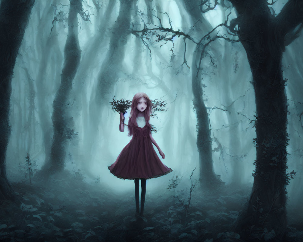 Girl in Red Dress Holding Wreath in Ethereal Blue Forest