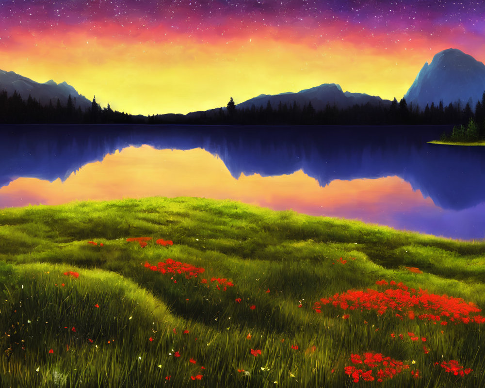 Scenic sunset over tranquil lake with mountains and meadows