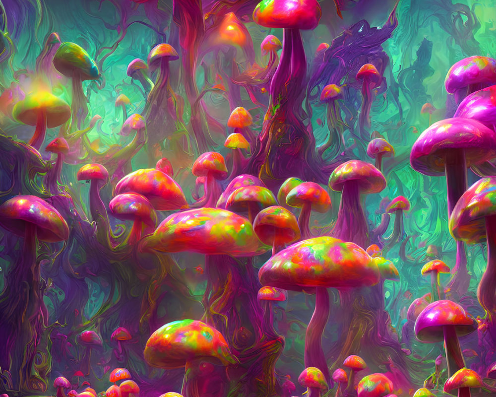 Colorful Psychedelic Forest with Oversized Mushrooms in Iridescent Setting