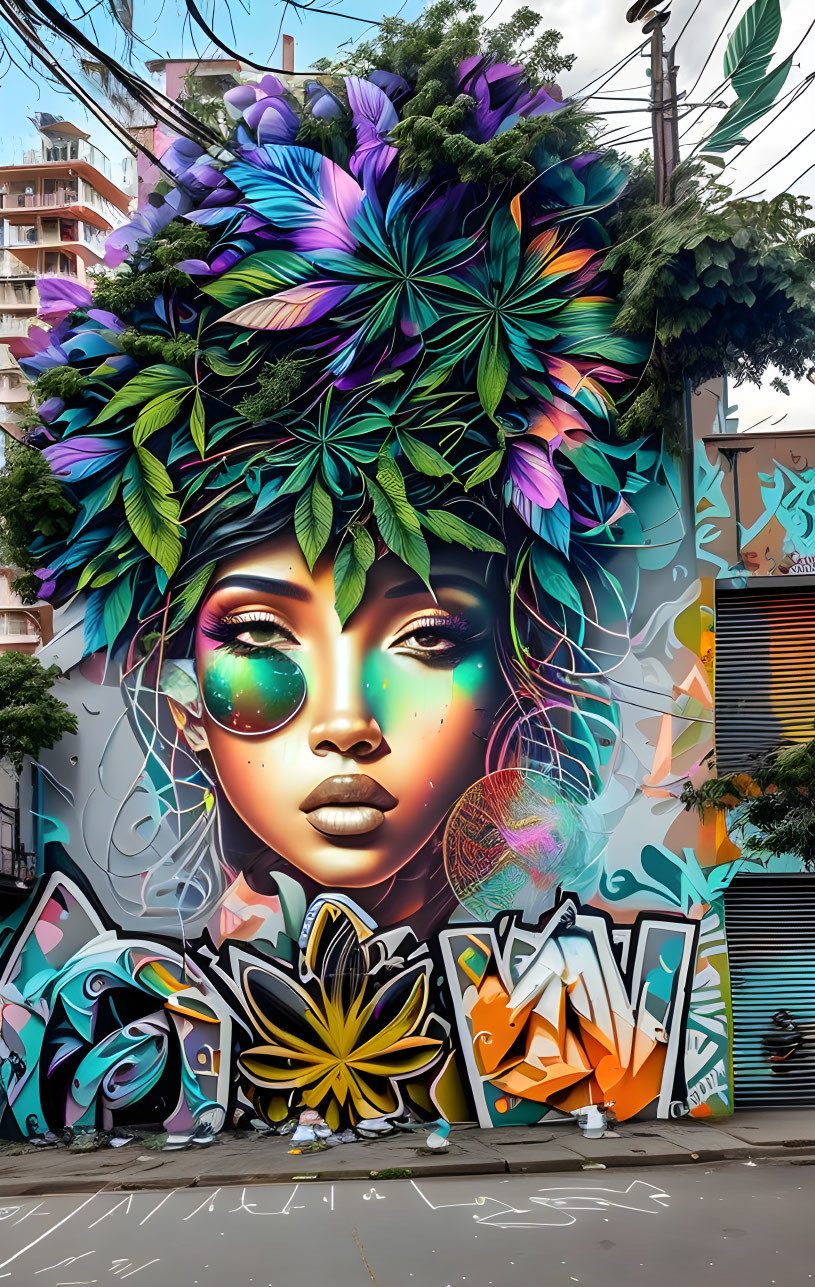 Colorful street mural featuring woman's face with floral motifs and abstract graffiti.