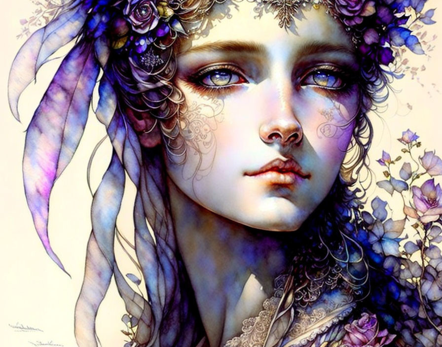 Person with Floral Adornments and Delicate Features in Fantasy Art