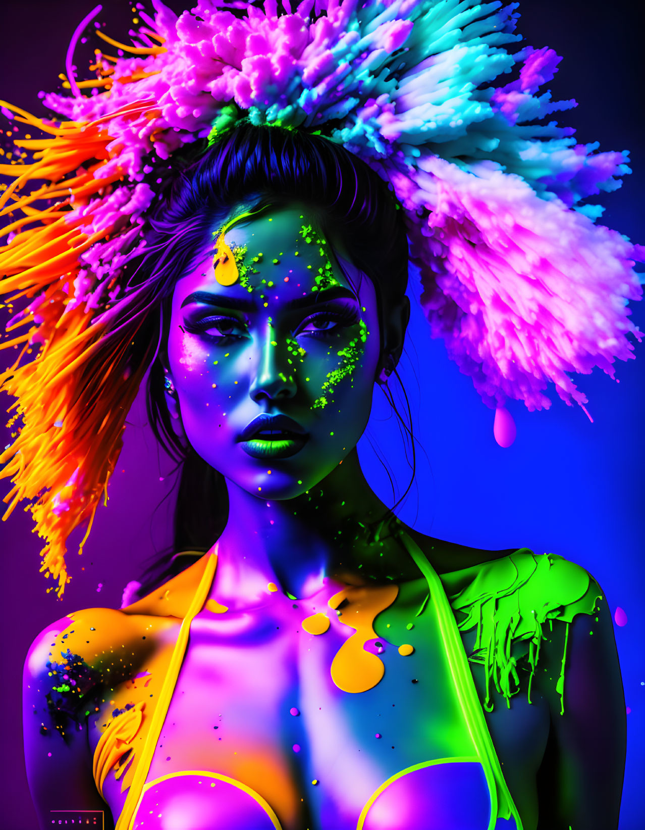 Vibrant portrait of woman with neon paint splashes and floral headpiece