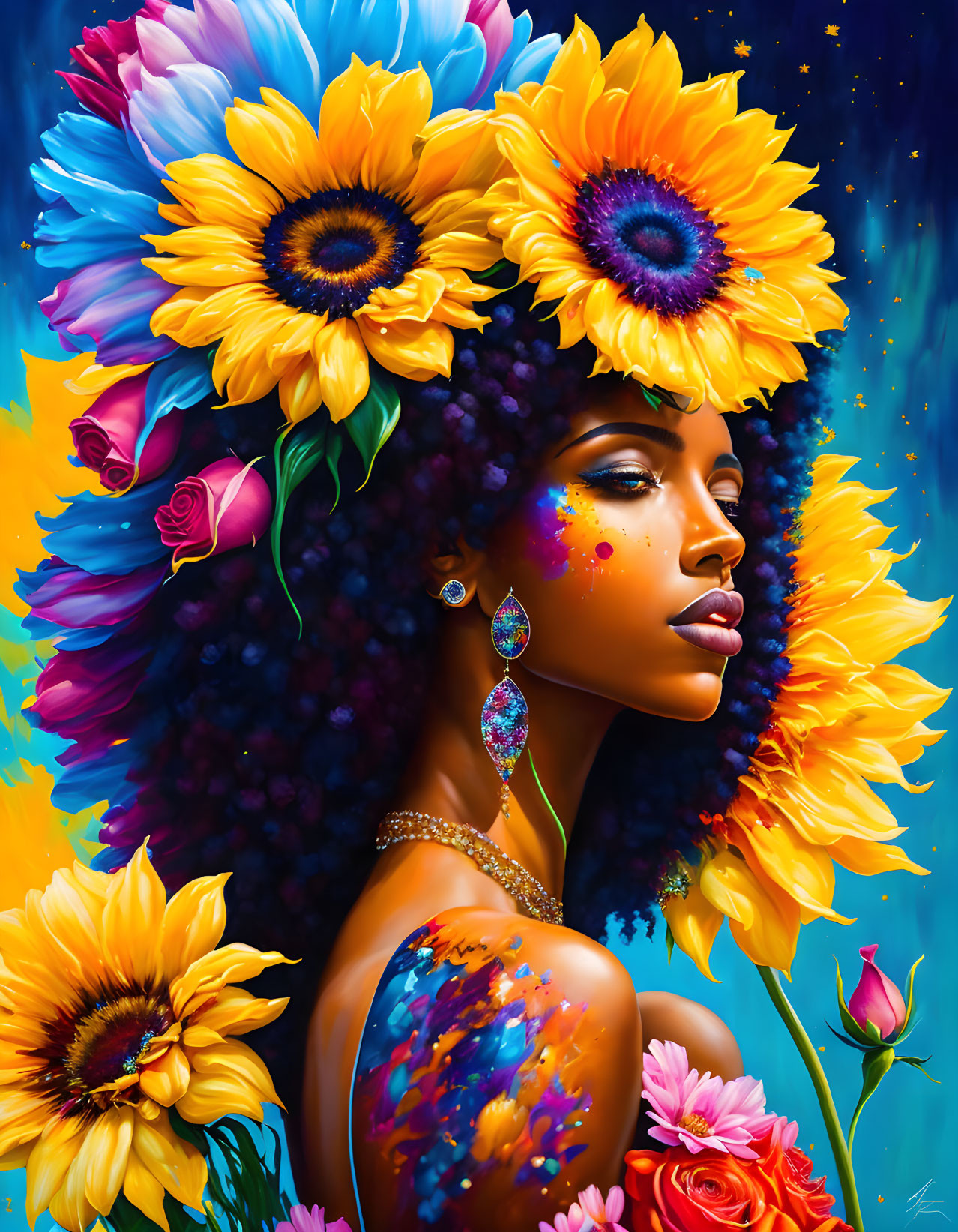 Colorful woman with sunflower afro on blue background & floral accents