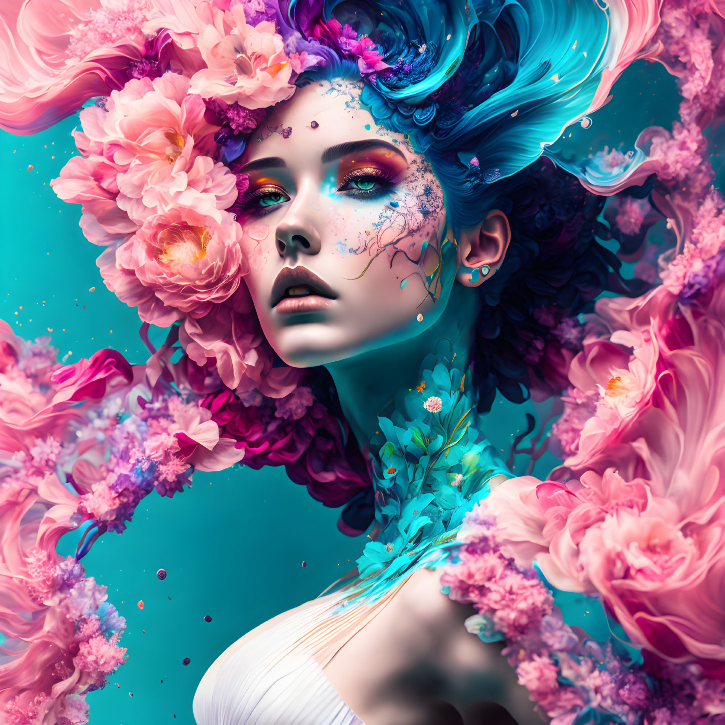 Vibrant surreal portrait: woman with blue hair and swirling flowers