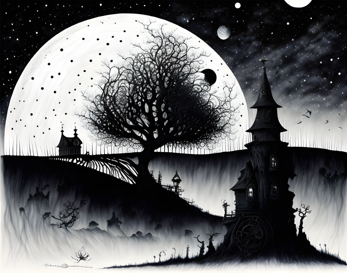 Monochrome fantasy landscape with moon, tree, bats, spooky house, cliff, figures, and street