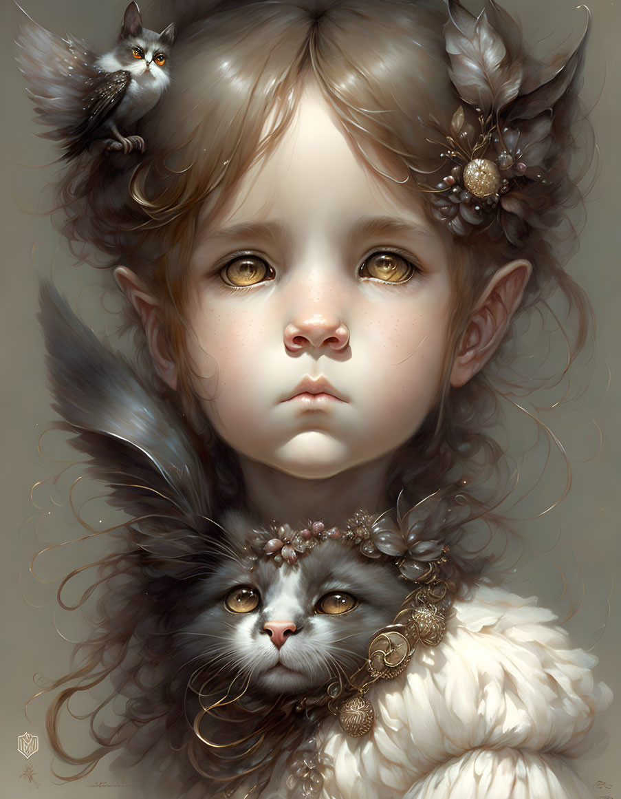 Child portrait with expressive eyes, floral accessories, owl, and fluffy cat.