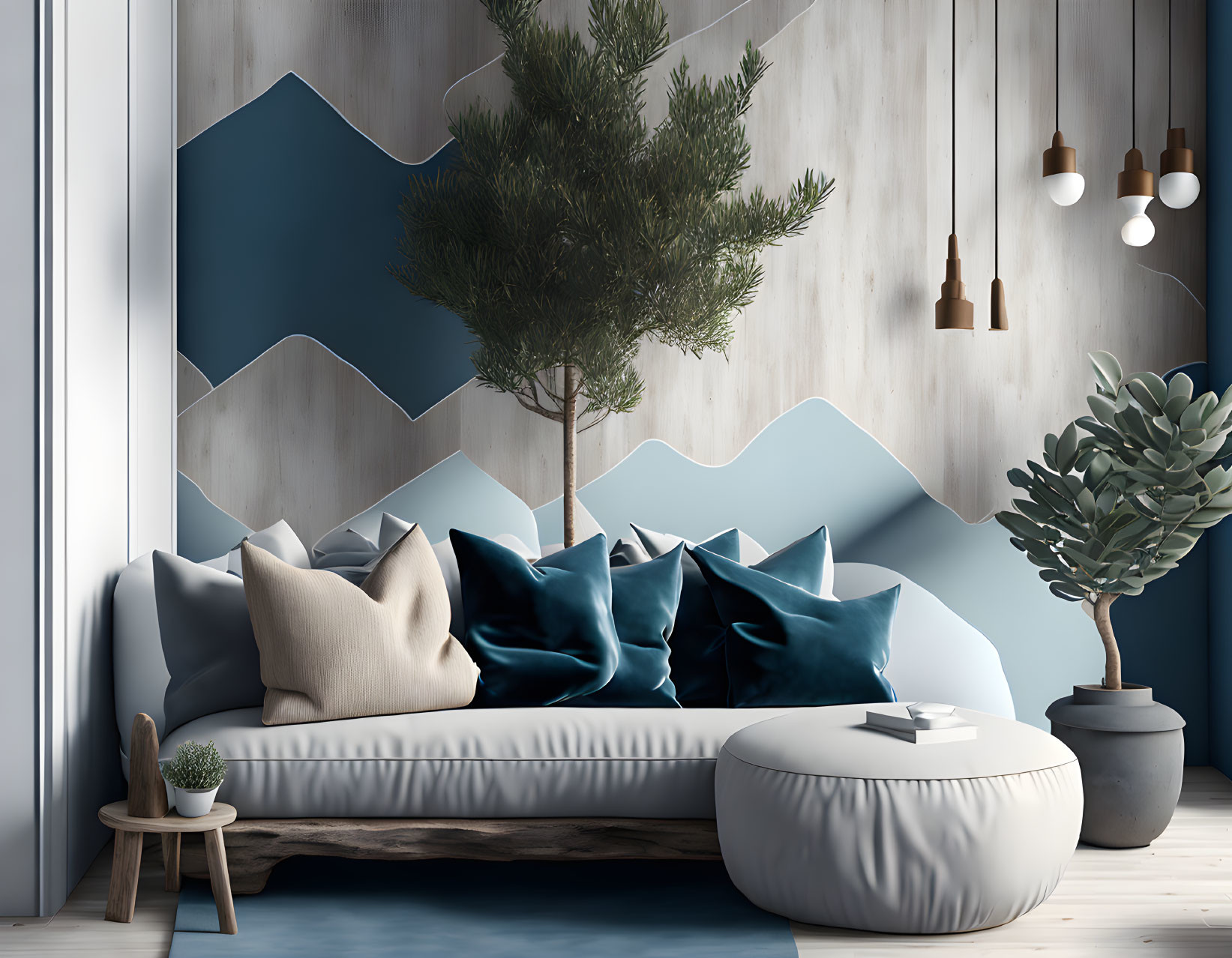 Contemporary living room with blue and wooden wall design, grey sofa, pendant lights, and indoor plants