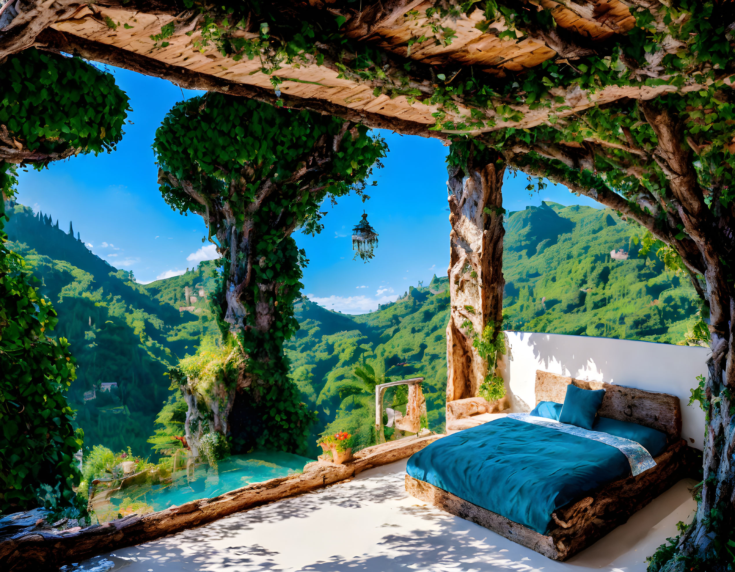 Tranquil outdoor terrace with cozy blue daybed and mountain view