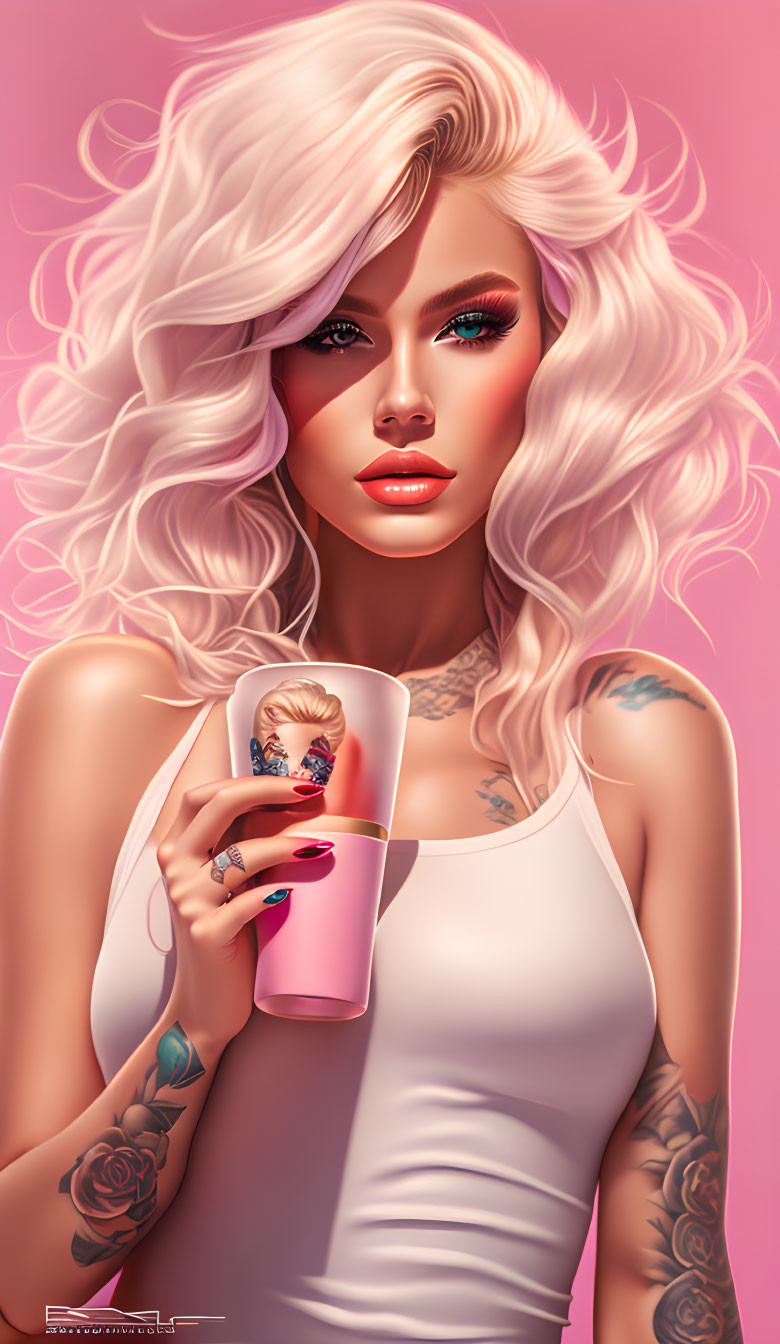 Blonde woman with red eyeshadow and tattoos holding a drink on pink background