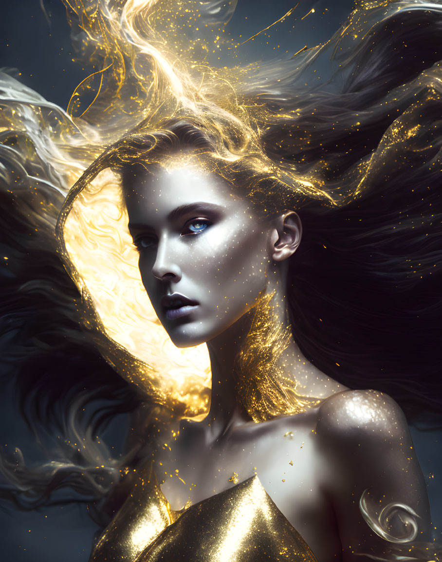 Surreal portrait of woman with golden sparkles on dark backdrop