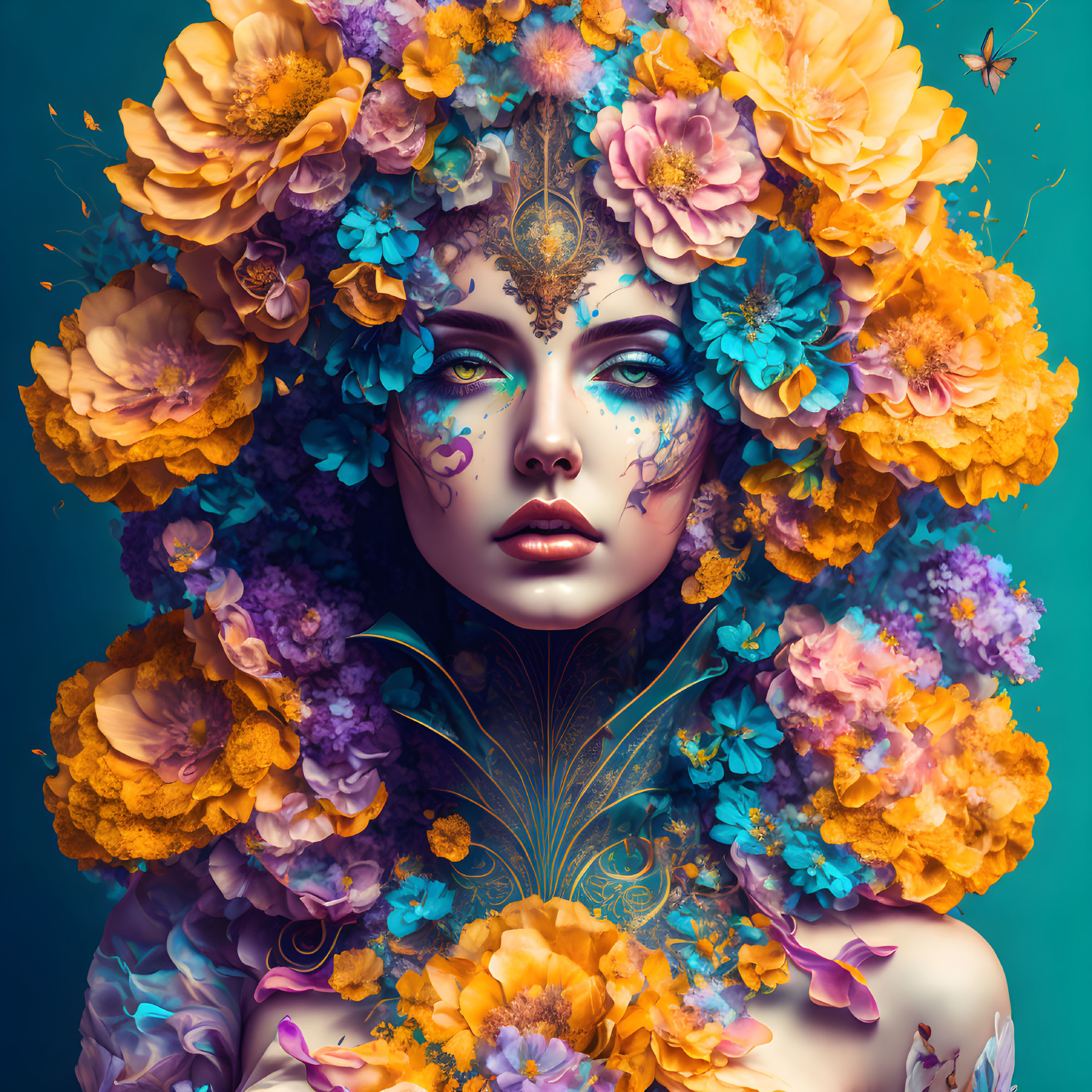 Vibrant floral body art on woman in fantasy digital art