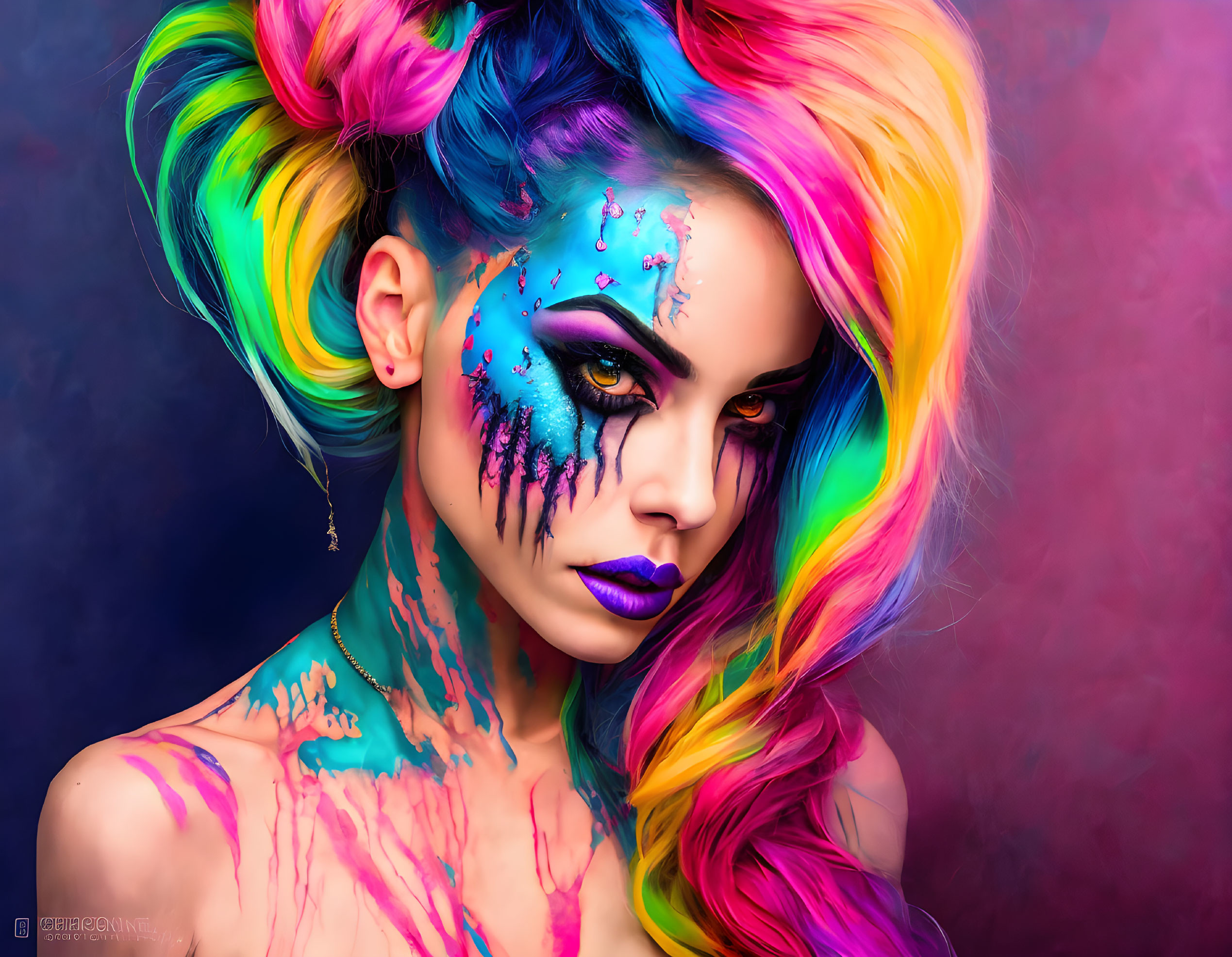 Colorful Creative Makeup on Woman with Rainbow Hair and Bold Eyeliner