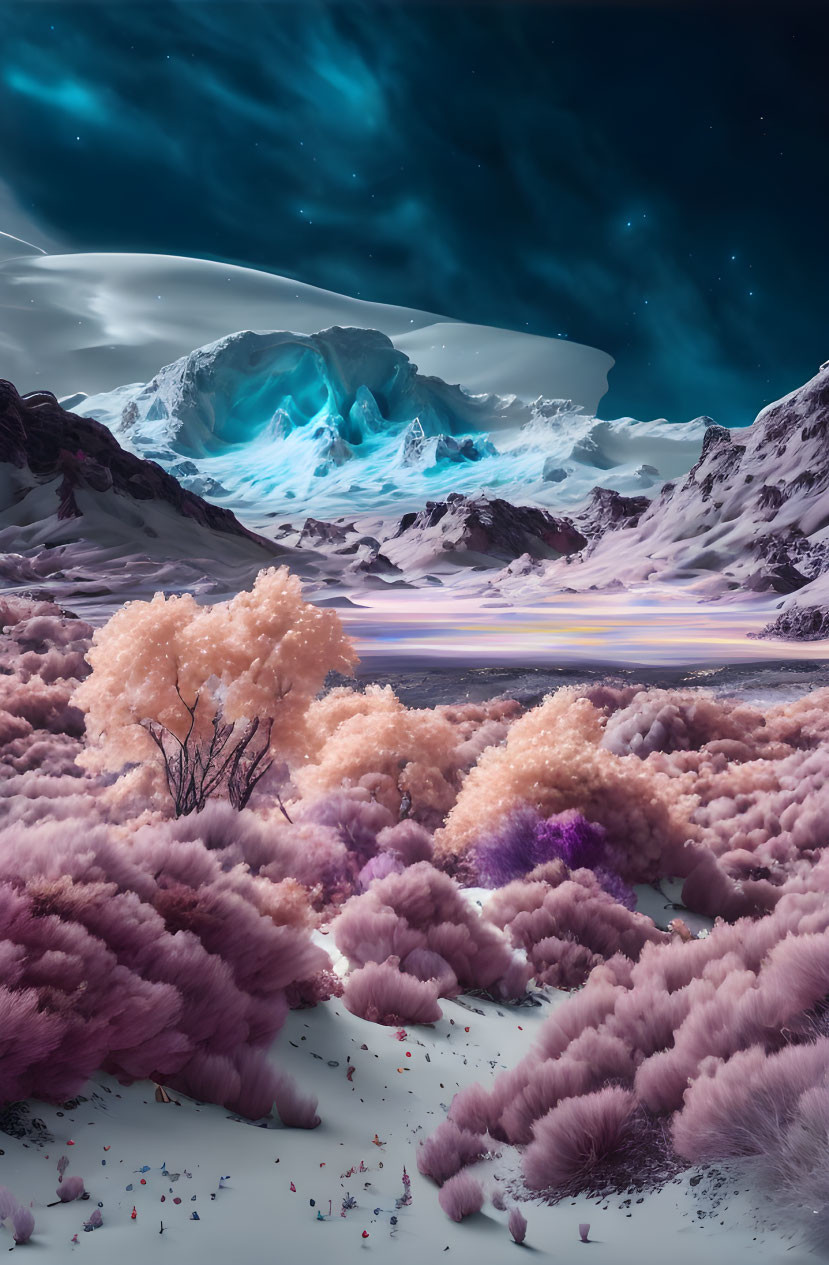 Surreal landscape: pink flora, blue ice cave, snowy mountains