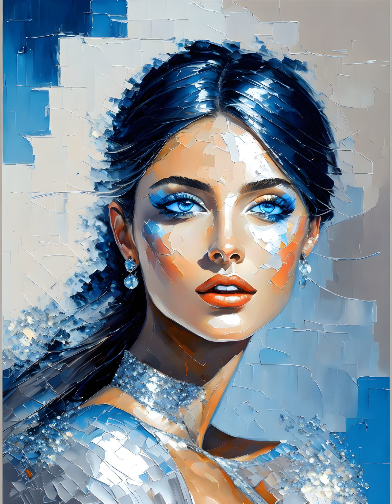 Stylized portrait of woman with blue eyes and vibrant makeup